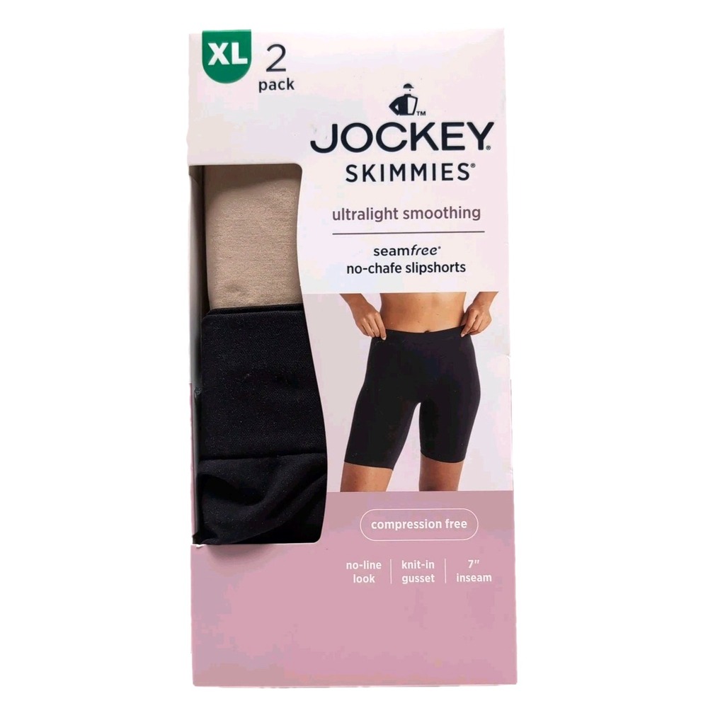 NEW Jockey Skimmies Slip Short 2-pack Womens XL Black/Beige No Chafe Seam Free